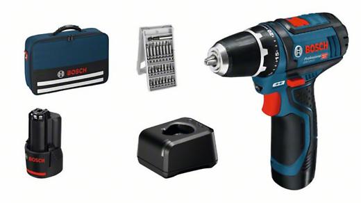 Bosch Ak­ku-Bohr­schrau­ber GSR 12V-15 2x 2,0 Ah Akku + Lader + Bit-Set 25 in Tasche